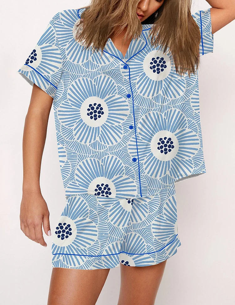 Women’s Overlapping Camellia Bright Blue Print Short Sleeve Satin Pajama Set