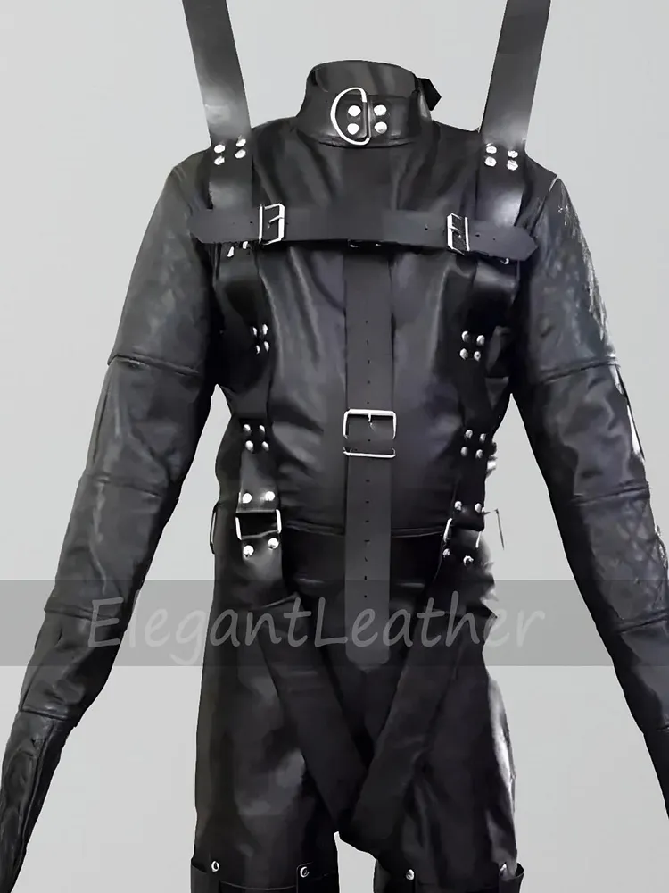 pornhint Pornhint Leather Bondage Suspension Suit BDSM Hanging Cosplay Costume Jacket and Shorts with Belts and Welded D-Rings male bdsm wear