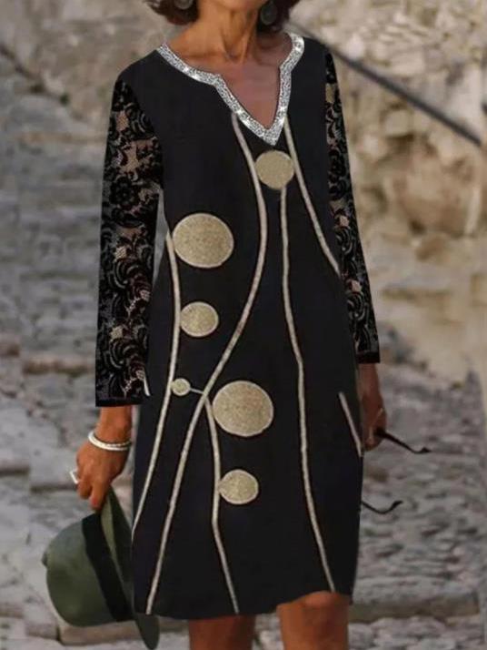 Women's V-neck Long Sleeve Printed Midi Dress