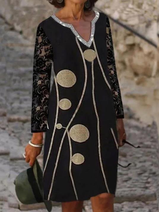 Women's V-neck Long Sleeve Printed Midi Dress
