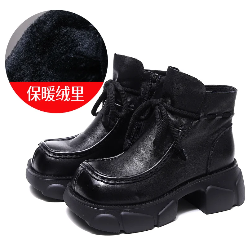 Yyvonne Layer Of Kraft Handmade Pine Cake Bottom Boots Women Autumn And Winter Retro New Bare Boots Thick Bottom Square Head Martin Boots New