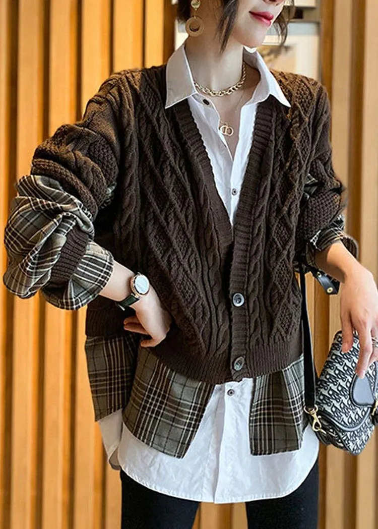 Fine Coffee Knit Patchwork Plaid Hollow Out wrinkled Fall Wool Two Piece Set Outfits