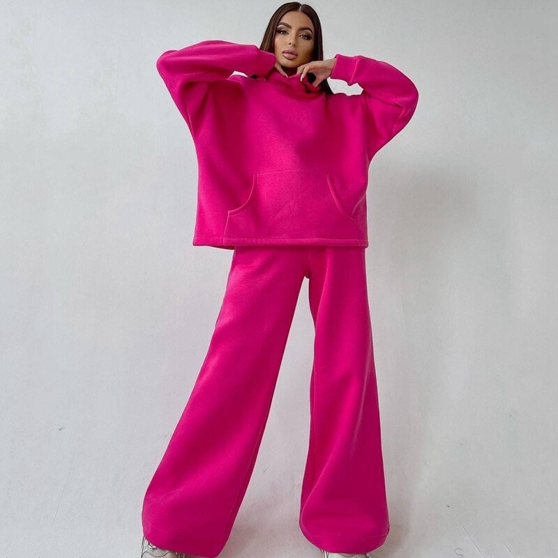 QJONG Women Basic Hooded Tracksuit Two Piece Sets Female Fashion Pullover Sweatshirt Top And High Waist Wide Leg Pant Suits Streetwear