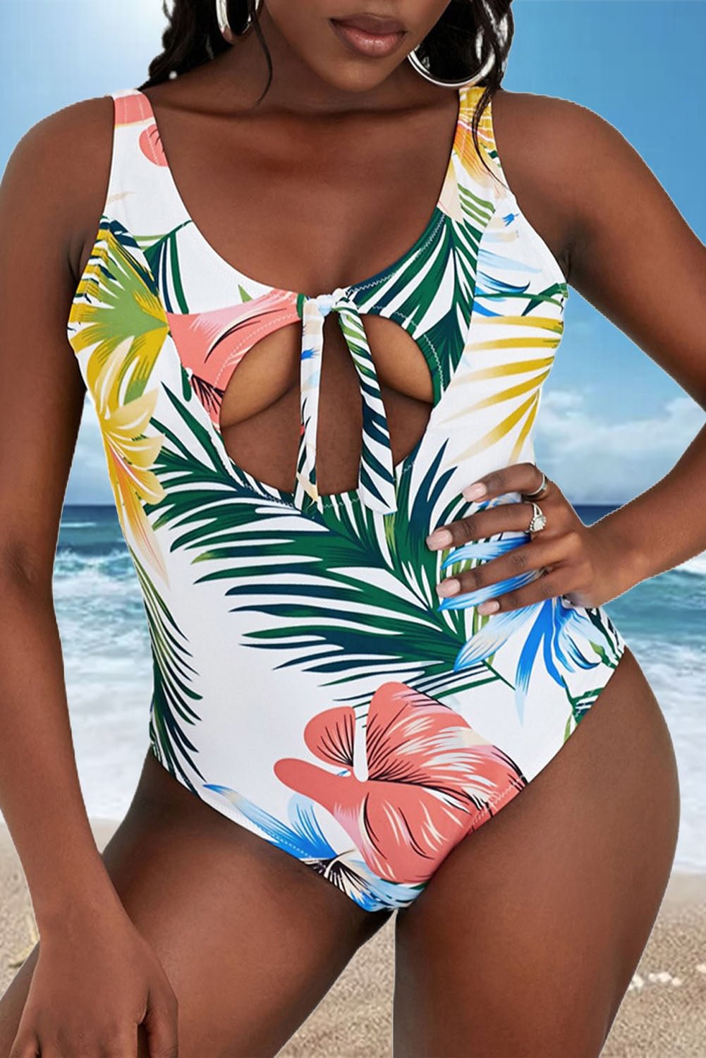 Tropical Plant Print Tie Front Hollow out Maillot