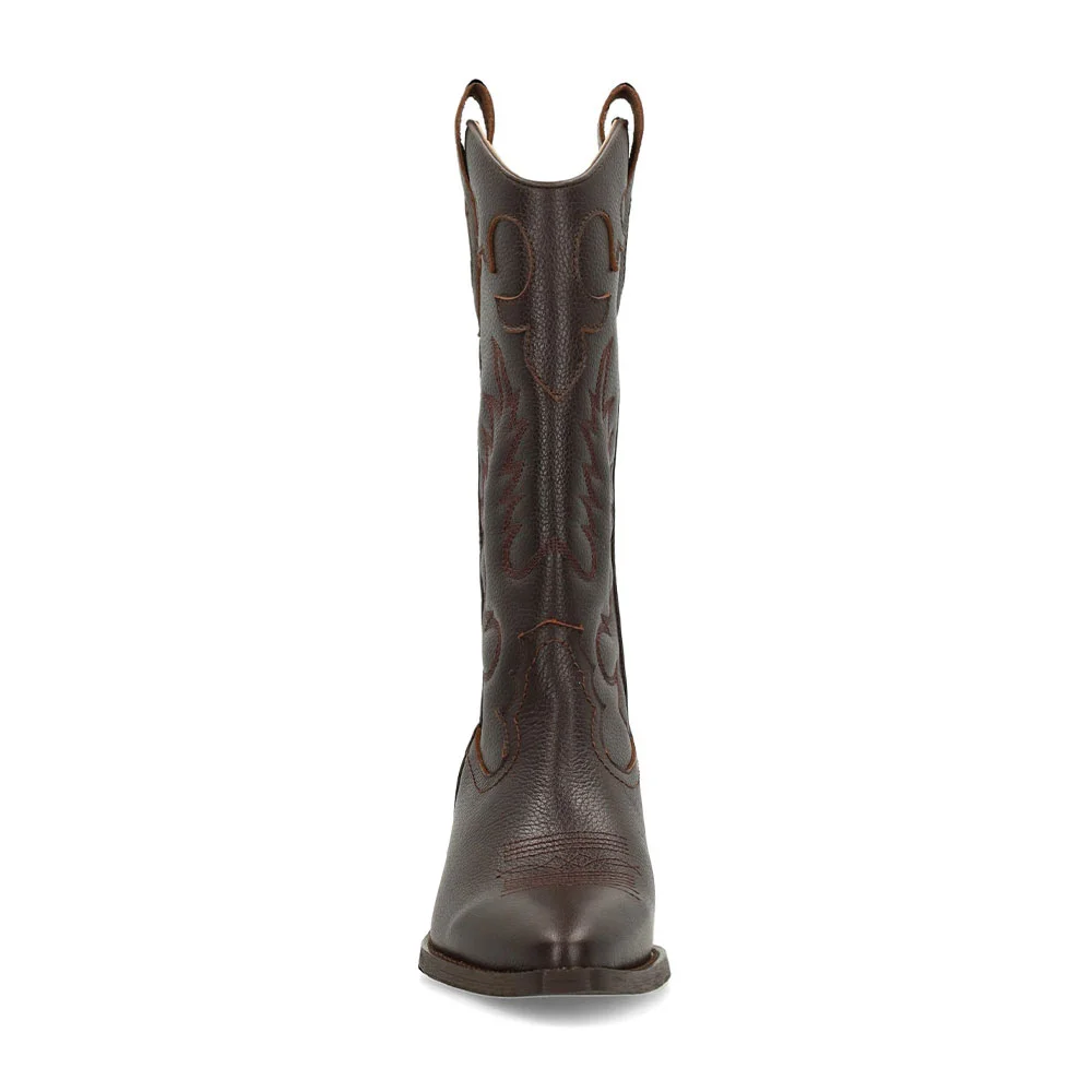 Brown Pointed Toe Embroidered Mid Calf Western Boots for Women