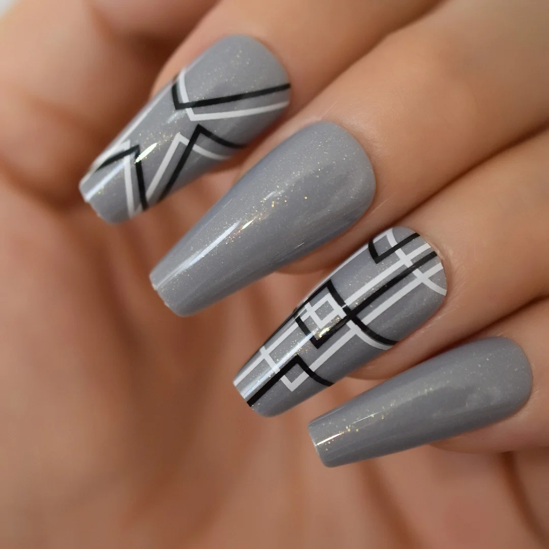 The Cyberpunk Line Original Dancing Line Design Full Cover Nails Coffin Meidum-Long Gray Color Supplies For Professionals Finger