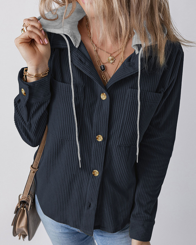 Single Breasted Chest Pockets Long Sleeve Hooded Top