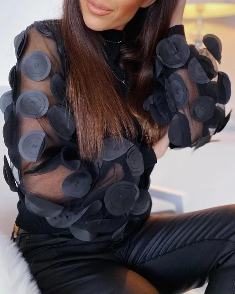 Mesh Puffed Sleeve Floral Blouse