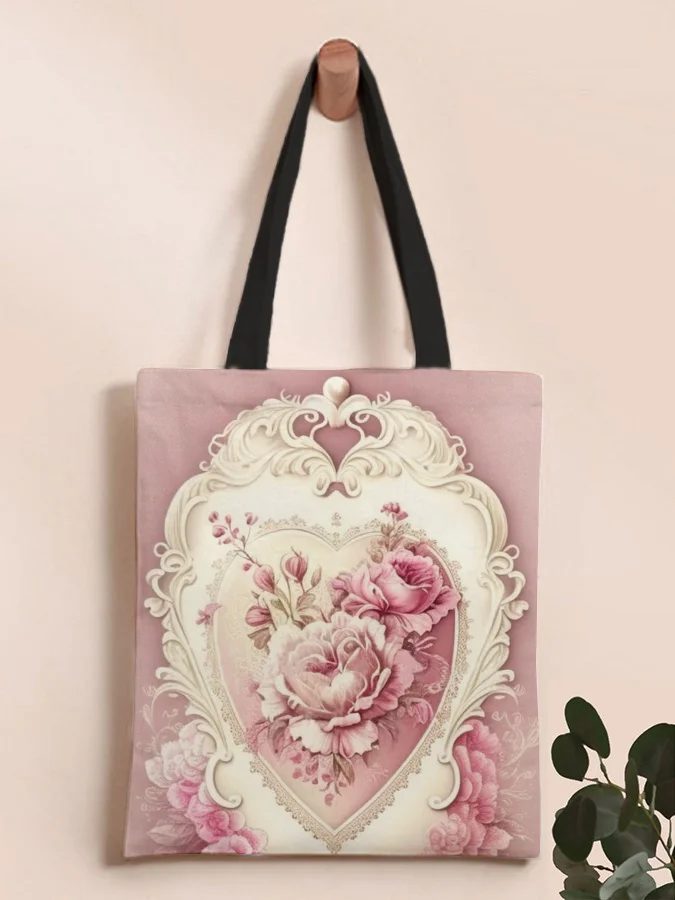 Pink Retro Valentine's Day Love Print Shoulder Canvas Bag