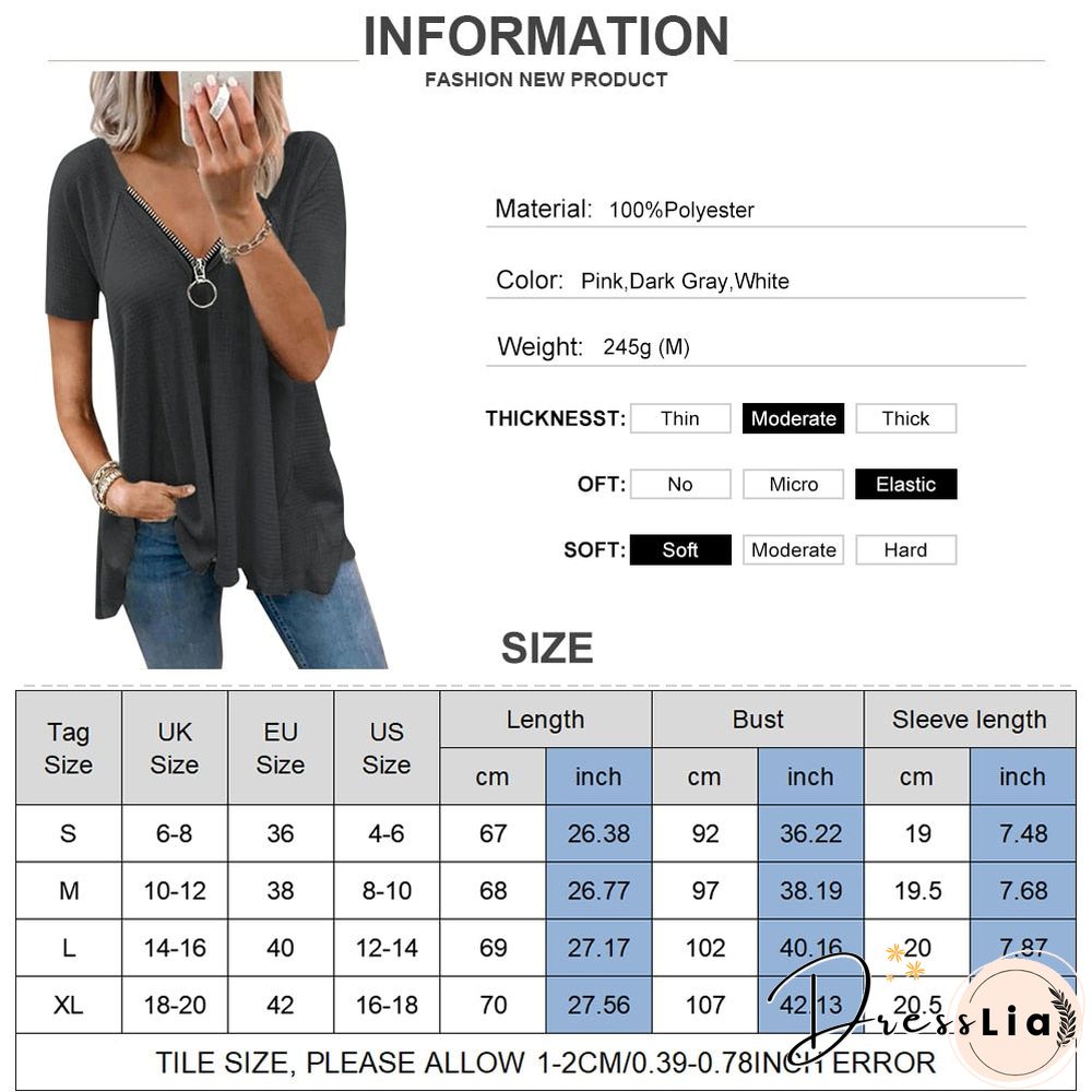 Summer Hollow Out Short Sleeve T-Shirts Women Sexy Zipper V-Neck Casual Ladies Tops Fashion Female Streetwear Blouse Tee D30