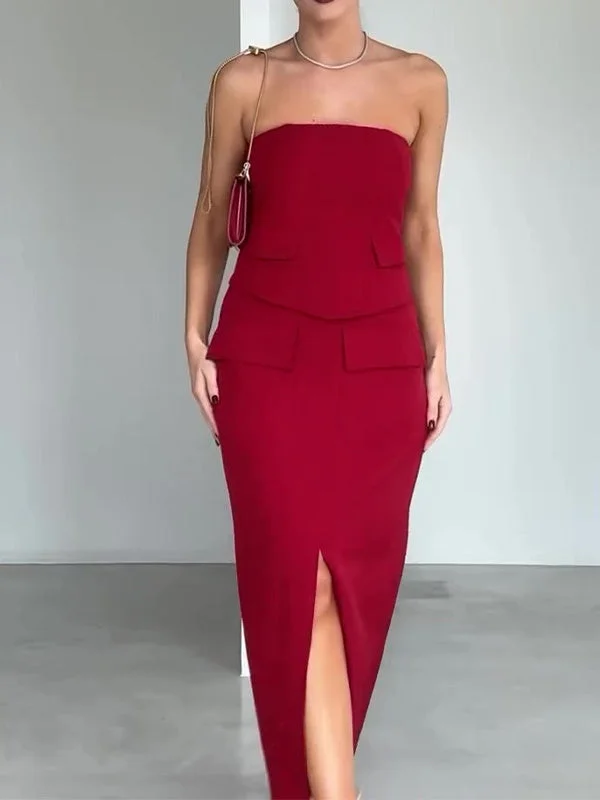 Style & Comfort for Mature Women Women's Sleeveless Off-shoulder Top Slit A Line Skirt Two Piece Set