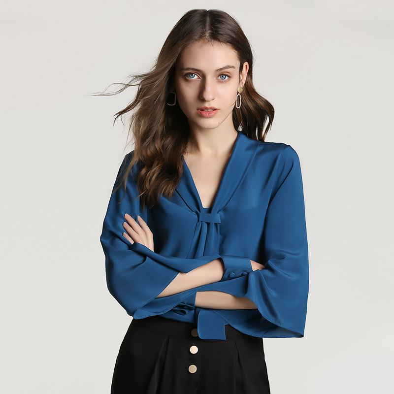 Crepe Silk Blouse Shirt Blue For Women REAL SILK LIFE