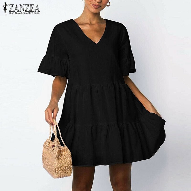 Fashion Flounce Dress Women's Summer Sundress 2022 ZANZEA Casual Ruffle Mini Vestidos Female V Neck Robe Femme