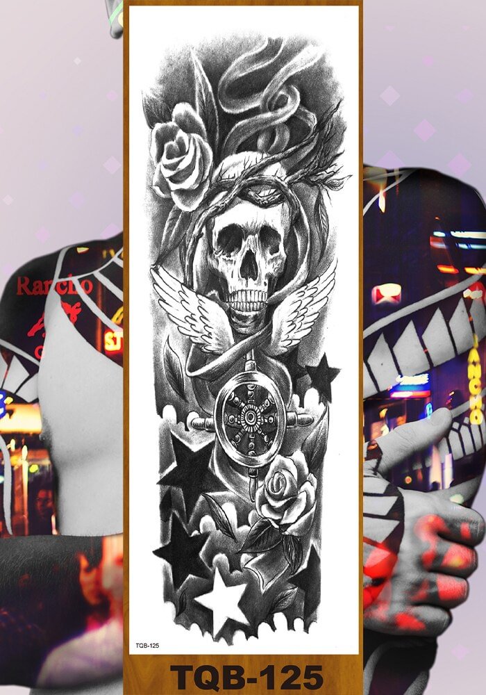 Full Flower Arm Temporary Tattoo Sticker Man Woman Body Leg Fake Tatoo Skull Night Demon Grim Reaper Good and Evil Waterproof