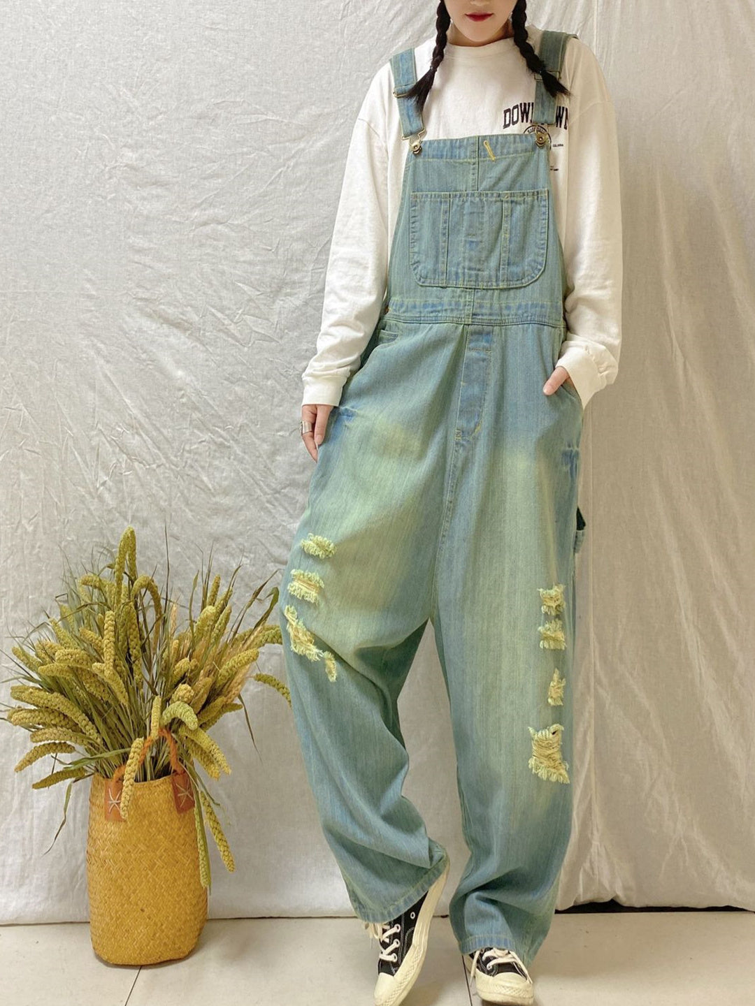 Women's Casual Retro Cropped Workwear Denim Overalls Jumpsuit