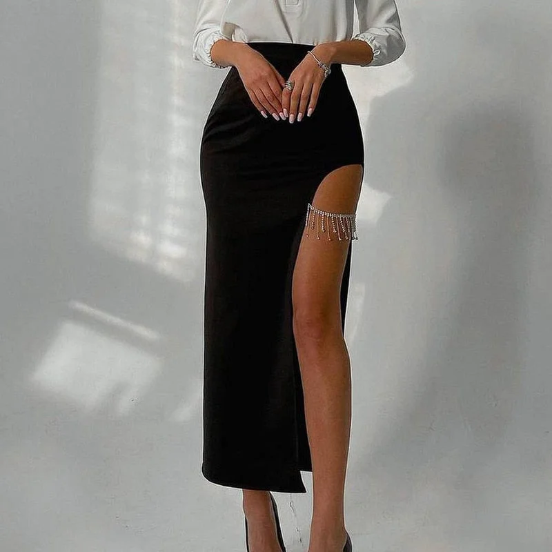 wsevypo Women High Waist Wrap Bodycon Mini Skirts Office Lady Rhinestone Chain Slit Skirts 2022 New Fashion Black Midi Skirts