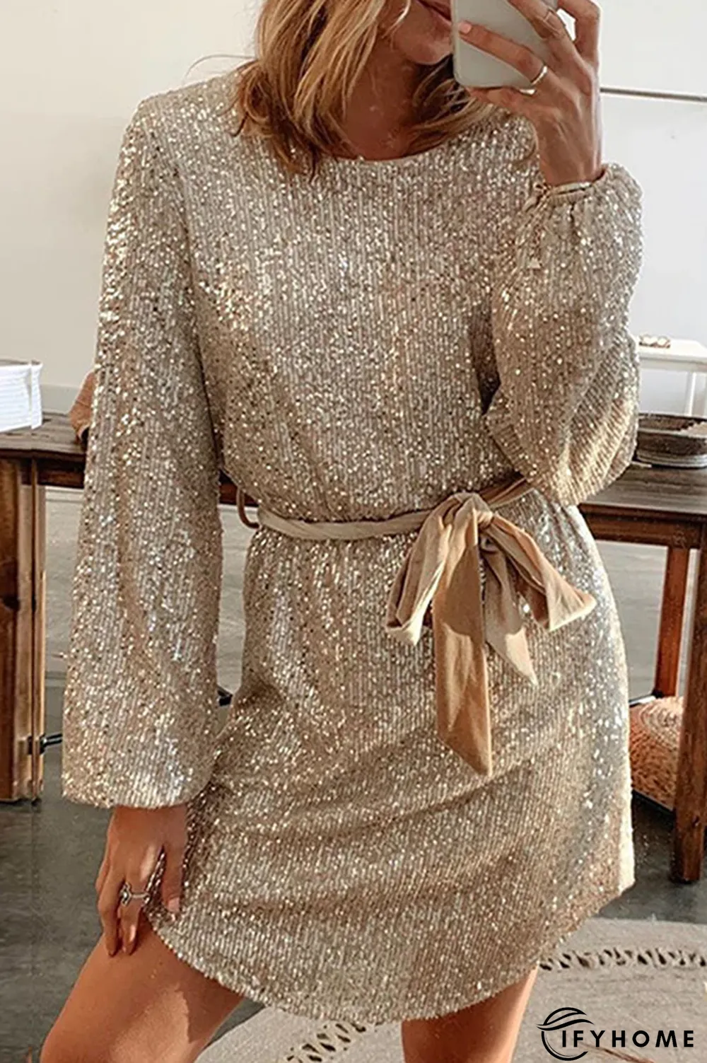 Elegant Solid With Belt Sequins O Neck A Line Dresses | IFYHOME