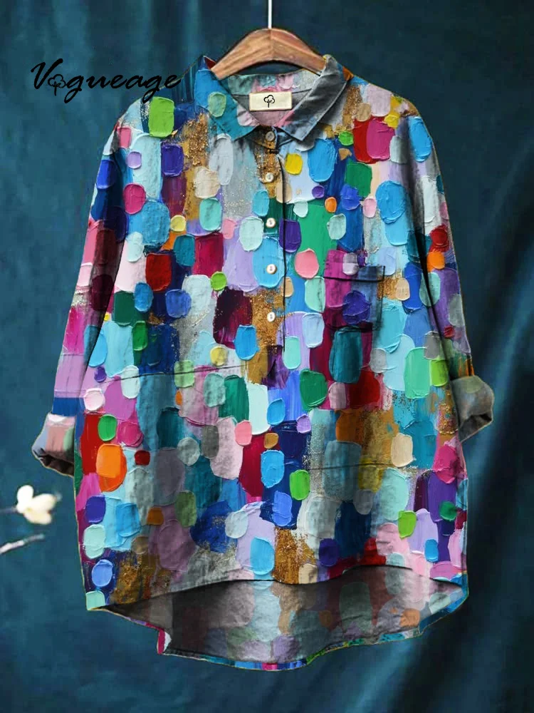 Bright And Dazzling Casual Colorful Dot Printed Cotton And Linen Shirt
