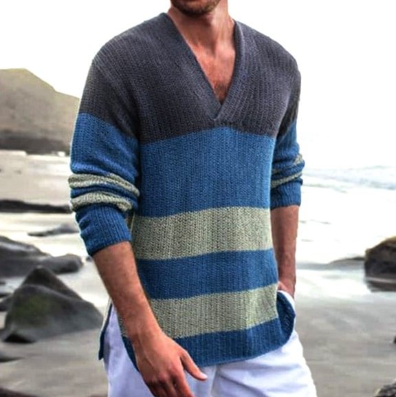 Men's Boho Contrast V-Neck Loose Casual Knit Sweater