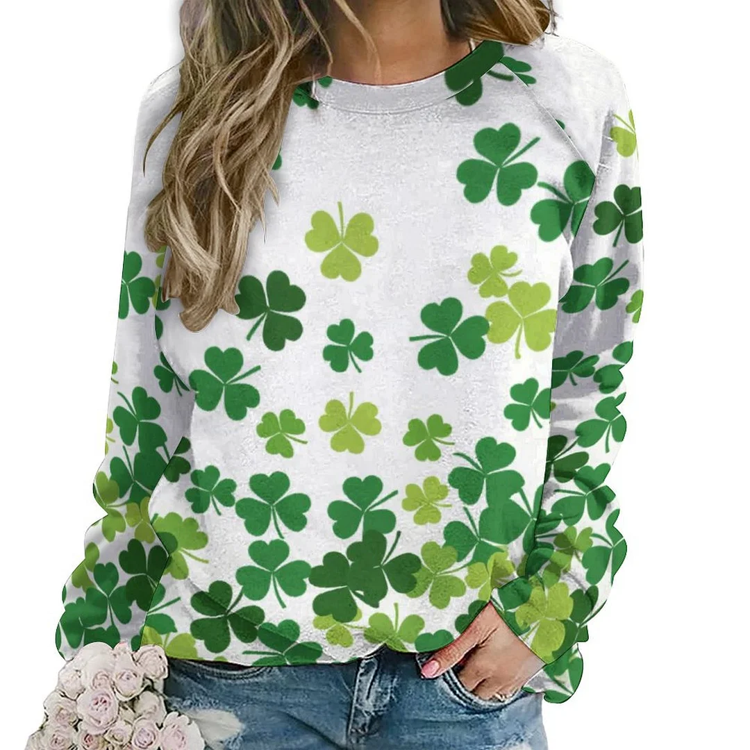 Printed Long Sleeve Casual Sweatshirt for  Women and Men Unisex Pattern St. Patrick's Day, Green, Clover, Lucky