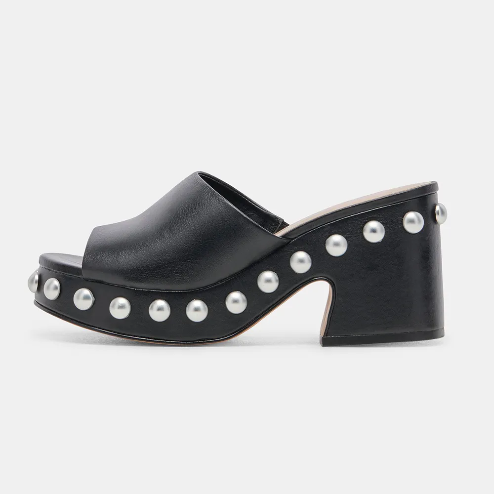 Black Round Toe Chunky Heel Platform Mules Shoes with Studded