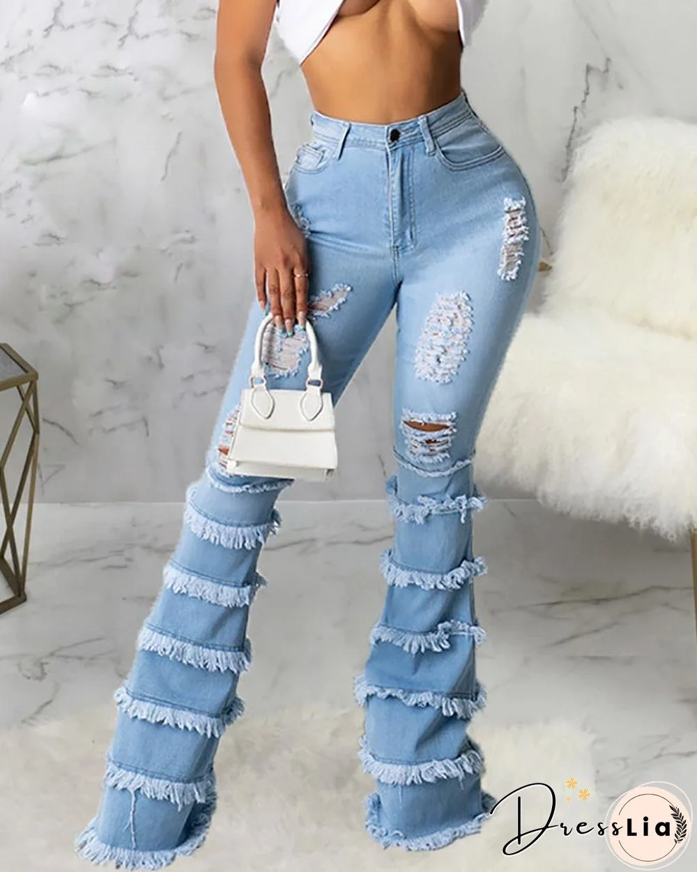 Fringe Hem Ripped Bootcut Denim Pants