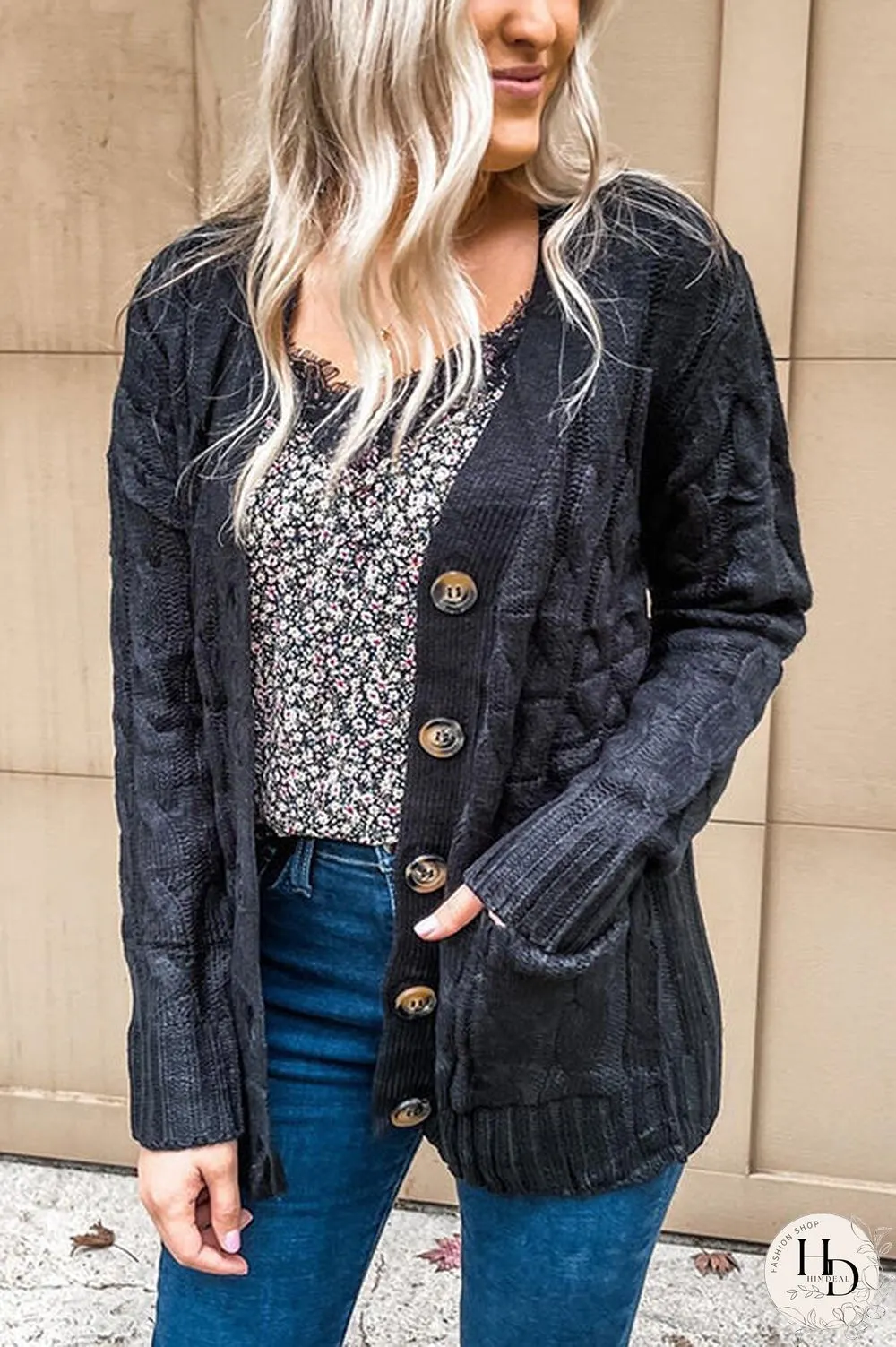 Button Cable Knit Cardigan