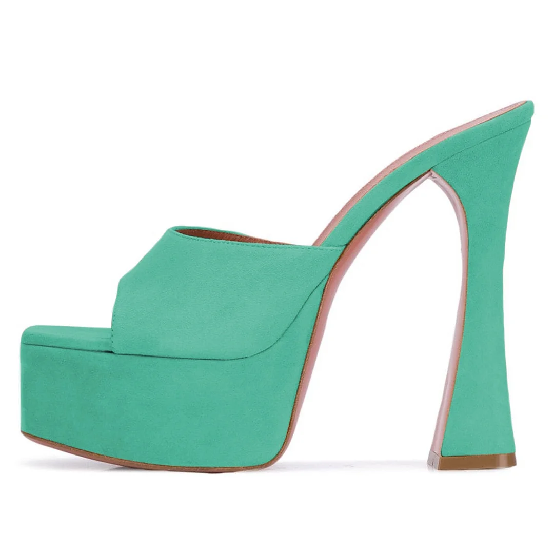 Turquoise Wide Strap Square Toe High Heel Platform Sandals for Women