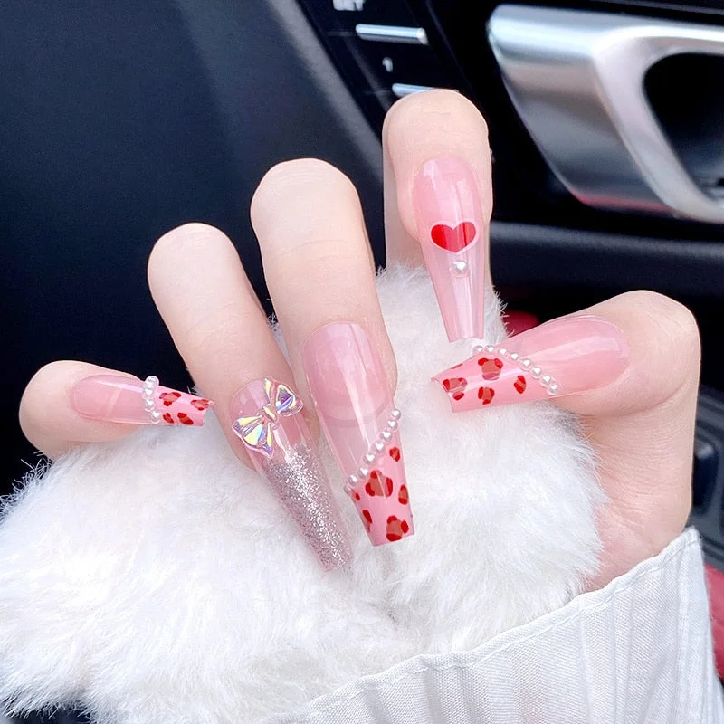 Nail Art Leopard French Fake Nails With Glue Pink Pearl Acrylic Press On False Nail Tips Ballet Tools For Manicure Decoration