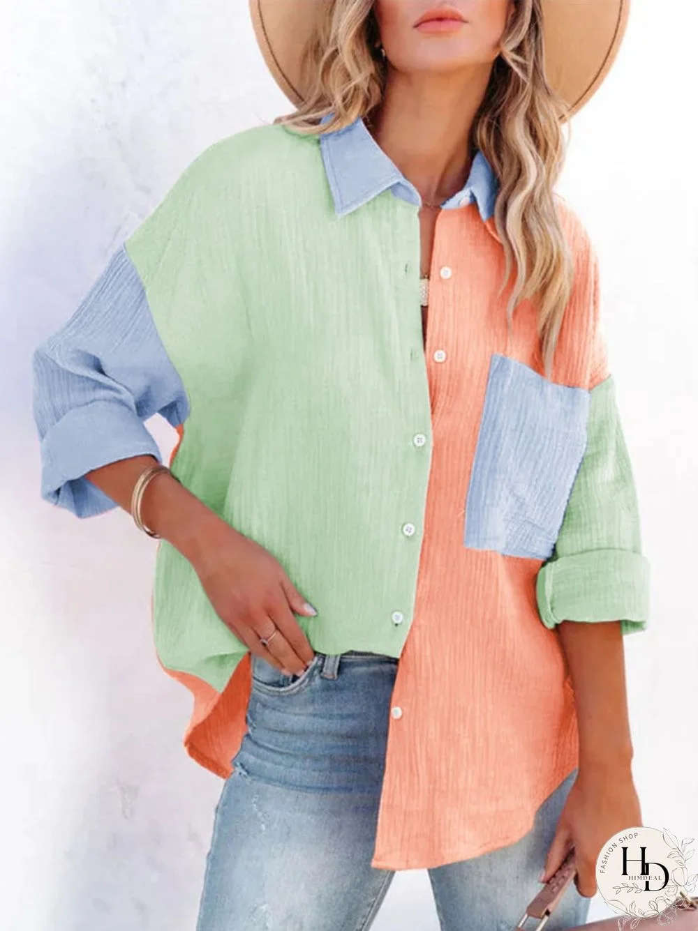 Summer New Long-sleeved Shirt Women's Contrast Color Stitching Off-the-shoulder Cardigan Shirt Fashion Casual Women's Clothing