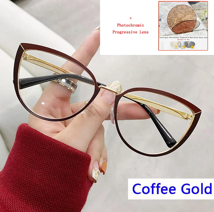 Metal Women Cat Eye Progressive Photochromic Reading Sunglasses Female Look Near Far Presbyopic Prescription Spectacles