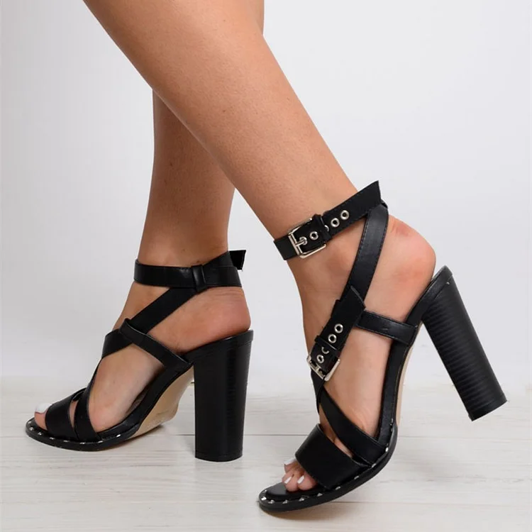 Black Stud Slingback Chunky Heel Sandals Vdcoo