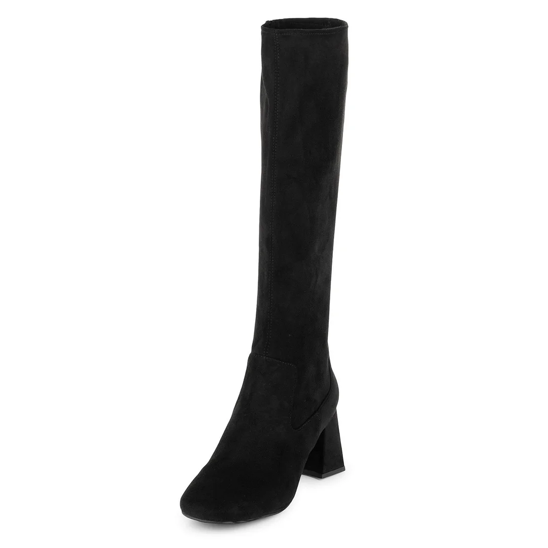 Black Vegan Suede Round Toe Chunky Heel Knee High Boots with Zipper