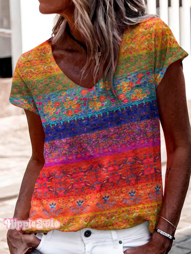 Women’s Colorful Striped Floral Print V-Neck Casual T-Shirt Multicolor / S