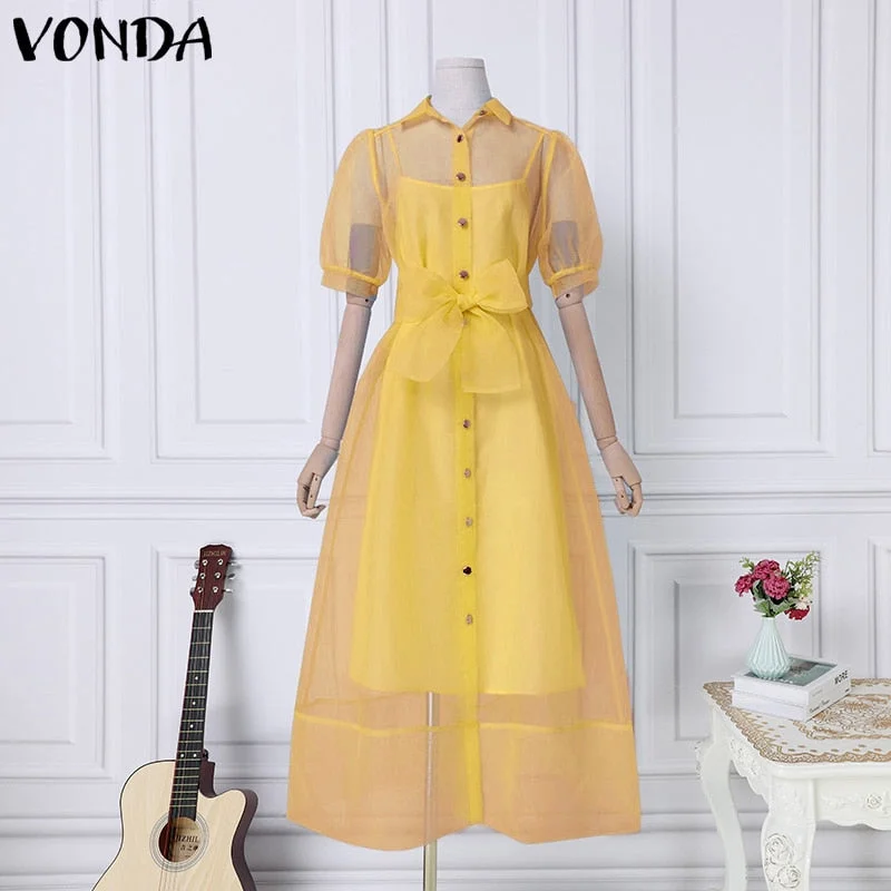 Elegant Robes Women Summer Pleated Puff Sleeve Loose Dresses VONDA Casual Lapel Collar Button Up Baggy Vestido Oversize Sundress