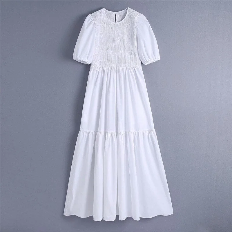 Evfer Women Fashion Elastic Bust Za White Spring Long Dresses Female Casual Short Puff Sleeve O-Neck High Waist Midi Dress Chic