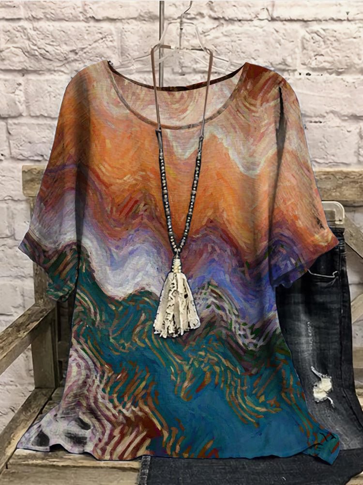 Women Short Sleeve Scoop Neck Printed Colorblock Women Tops