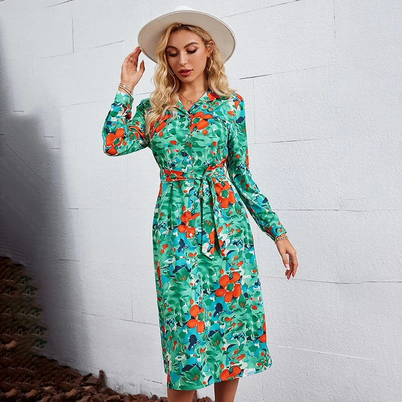 Simplee V-neck long sleeves lace up buttons floral beach maxi shirt dress women Holiday split sash dresses Print loose vestidos