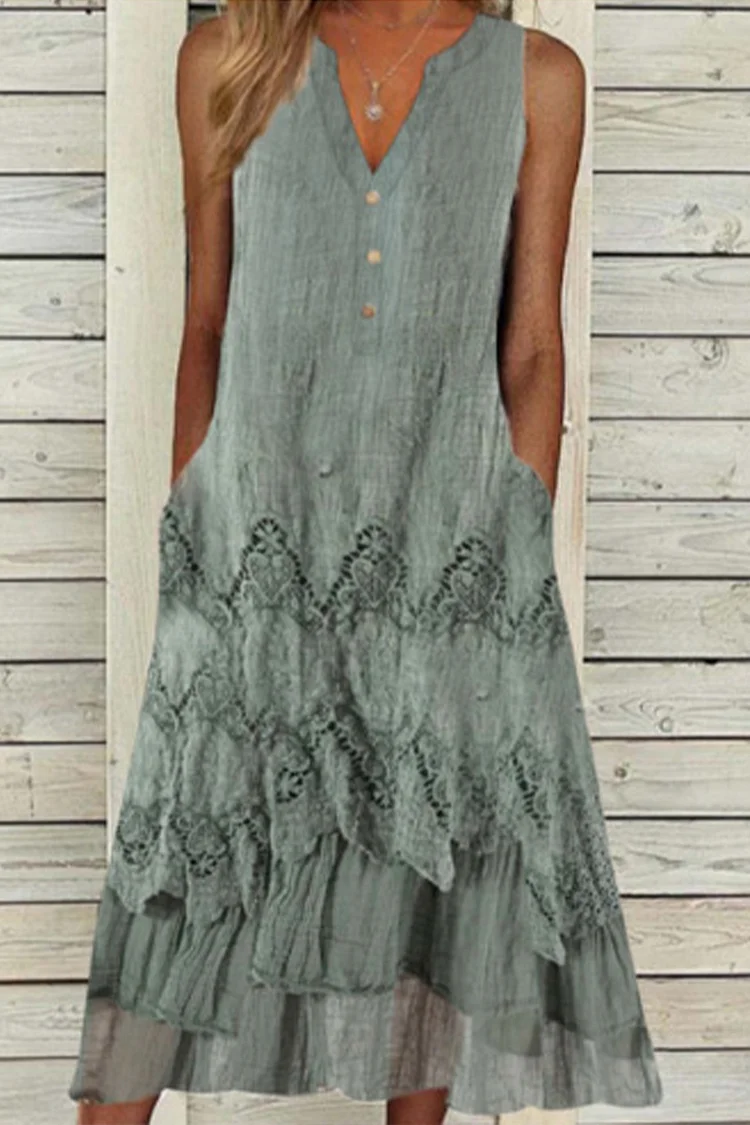 Flycurvy Plus Size Casual Green Linen Lace Panel Multi-Layer Pocket Sleeveless Midi Dress  Flycurvy [product_label]