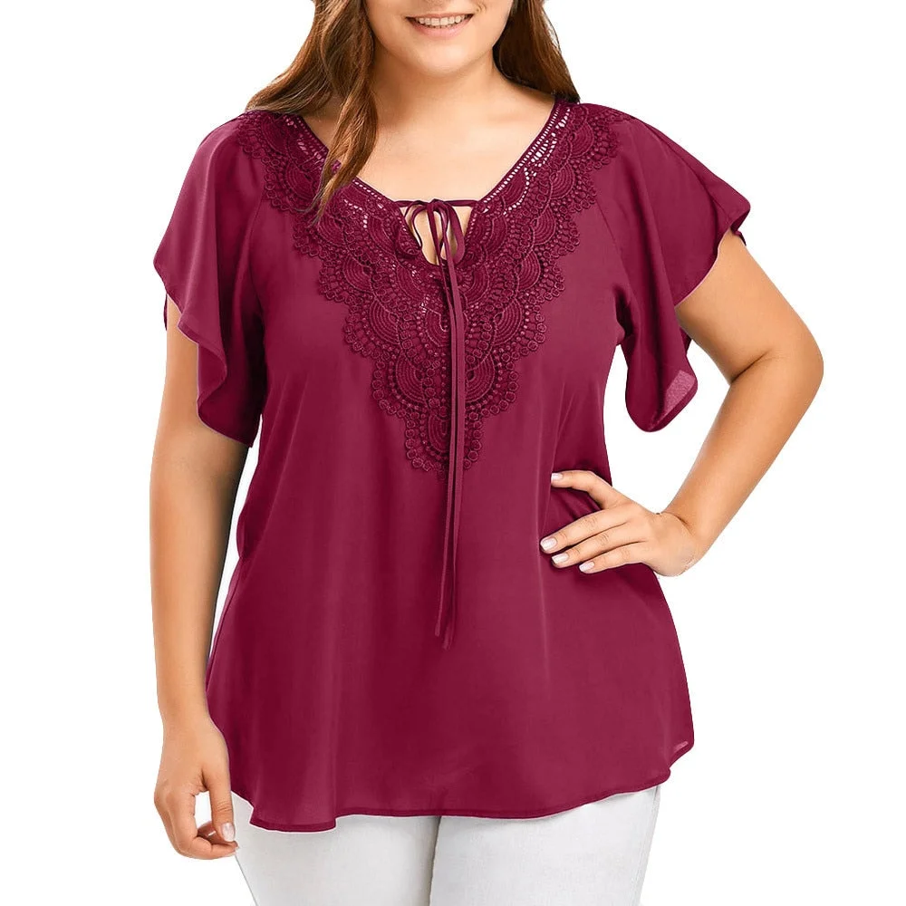 Plus Size Summer Fashion Patchwork Lace up Blouse Ladies Tops Loose Top Female Women Half Sleeve Shirt Blusas Femininas Pullover