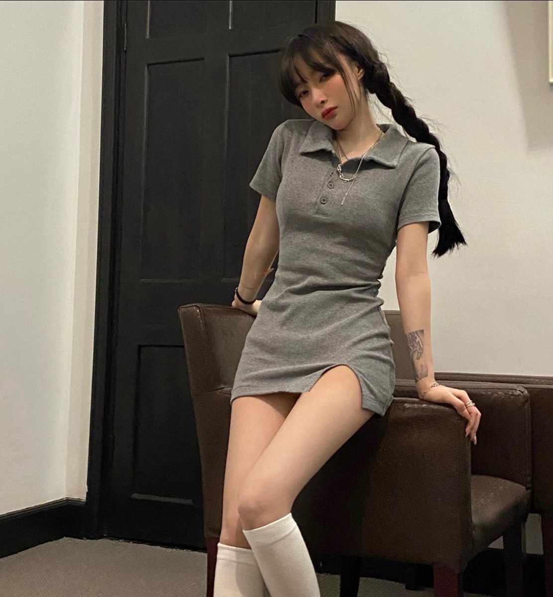  Collar Short Sleeve Slimming Sexy Korean Sle A-Line Mini Dress High Waist Split Pure Color Commute Suitable for Women