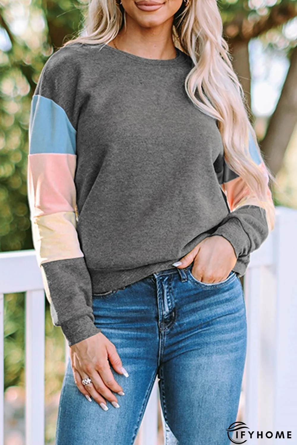 Gray Colorblock Long Sleeve Pullover Sweatshirt | IFYHOME