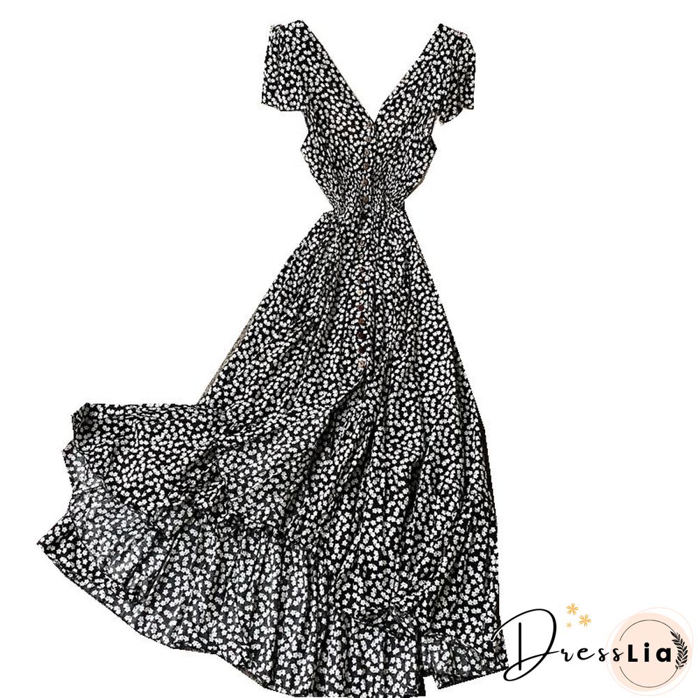 Summer Floral Maxi Dress Women Bohemian Irregular Cotton Backless Ruffle Long Dress Vintage Long Pleated Print Beach Sundress