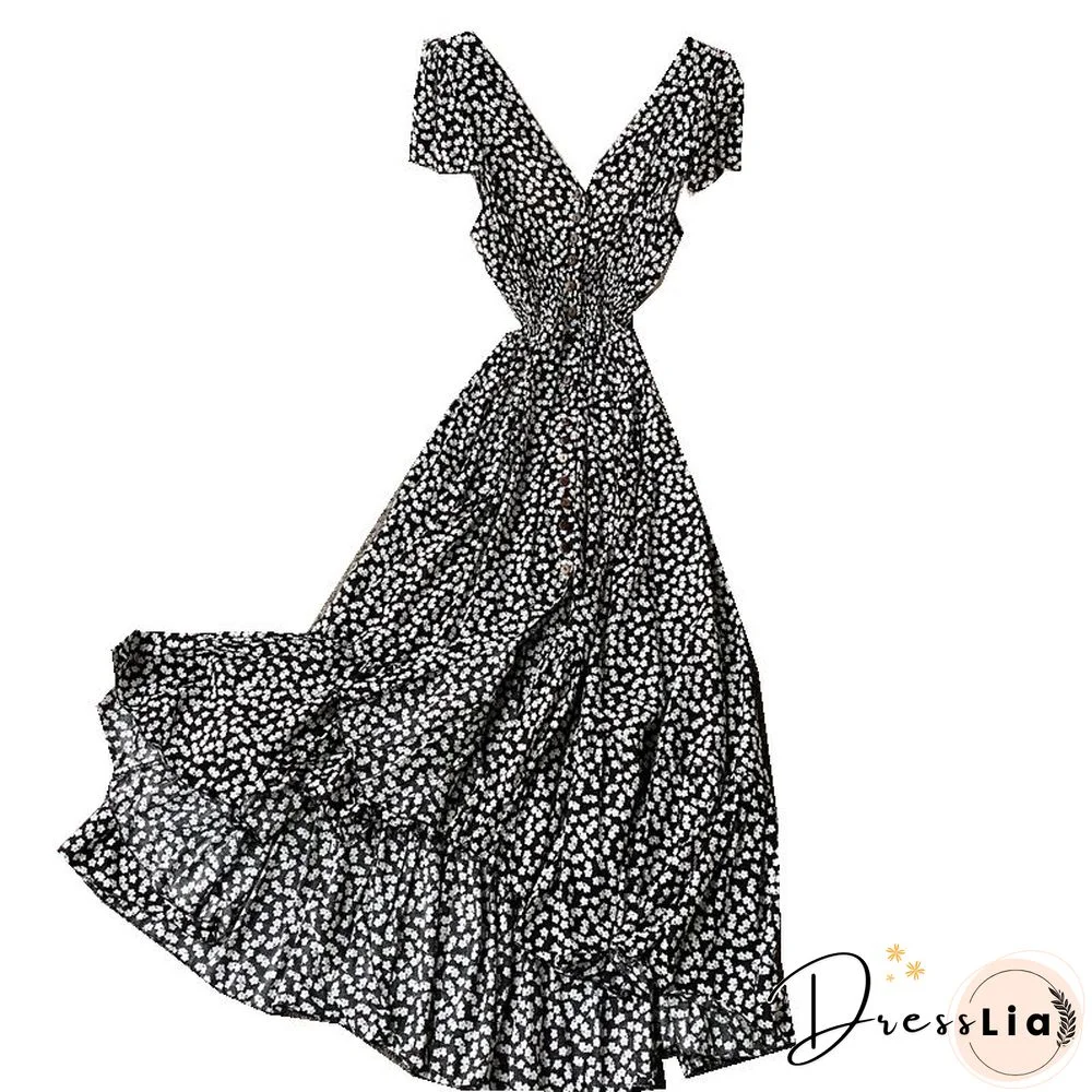 Summer Floral Maxi Dress Women Bohemian Irregular Cotton Backless Ruffle Long Dress Vintage Long Pleated Print Beach Sundress