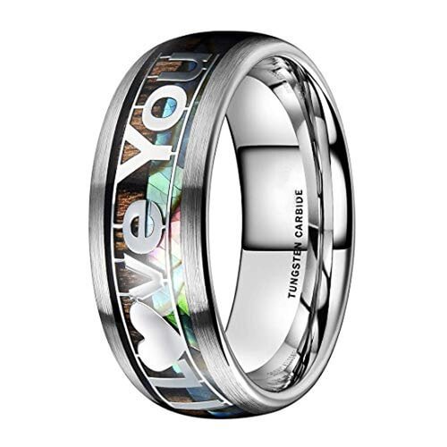 Women's Or Men's Tungsten Carbide Wedding Band Rings,"I Love You" Ring Silver Multi Color Rainbow Abalone Shell and wood Inlay Ring Organic colors With Mens And Womens For Width 4MM 6MM 8MM 10MM