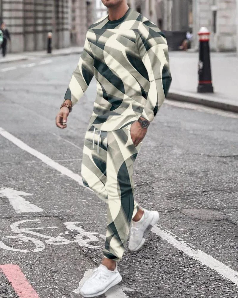 Men's Fashion White&Black Abstract  Printing Long-sleeved Suit
