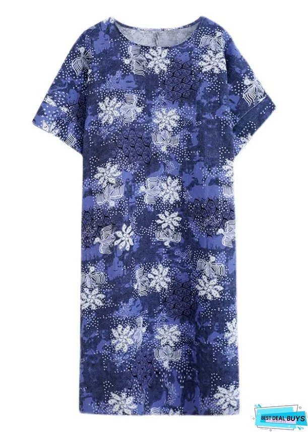 Unique Blue O-Neck Print Long Dresses Short Sleeve