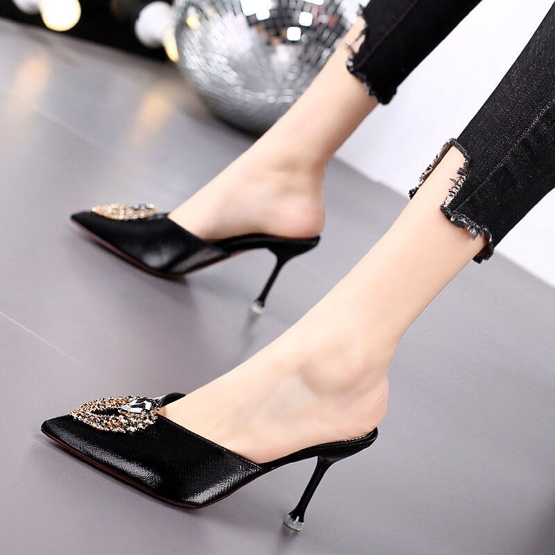 Yyvonne Women Pumps Summer Wedding Shoes Stiletto High Pointed Toe with Crystal Heel Sandals Ladies New Fashion Half Slippers Spring New
