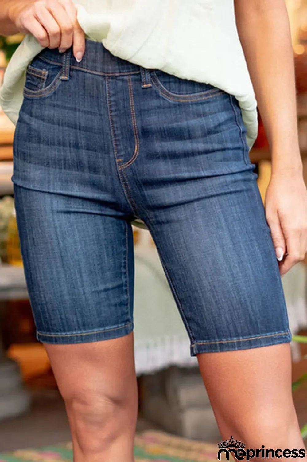 Blue Slim Fitted Denim Biker Shorts