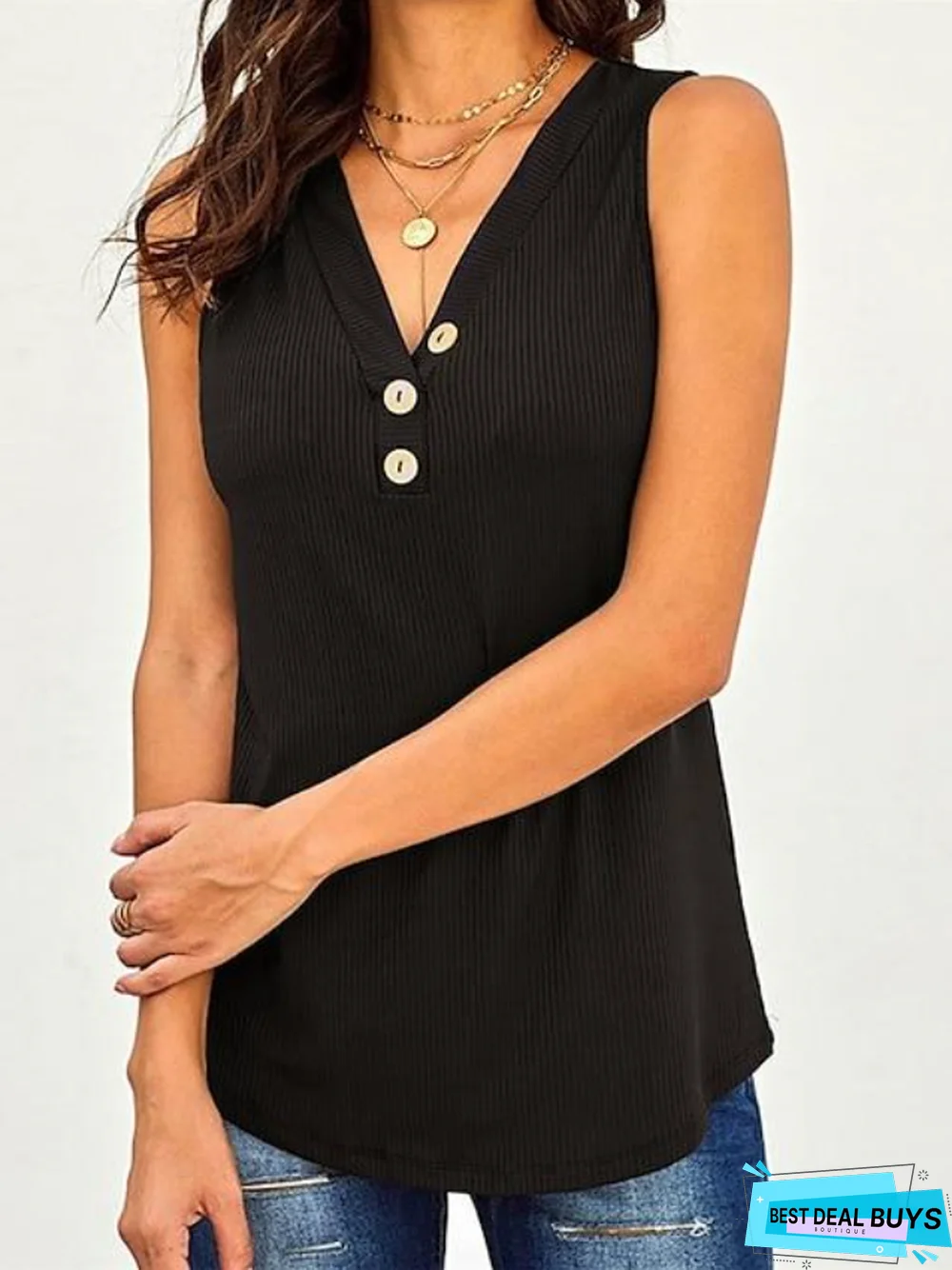 Women's Buttons Front Tank Sleeveless Vest Leisure Summer Top